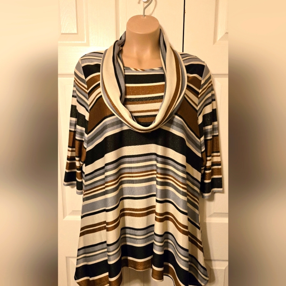 Multi-striped cowl neck top